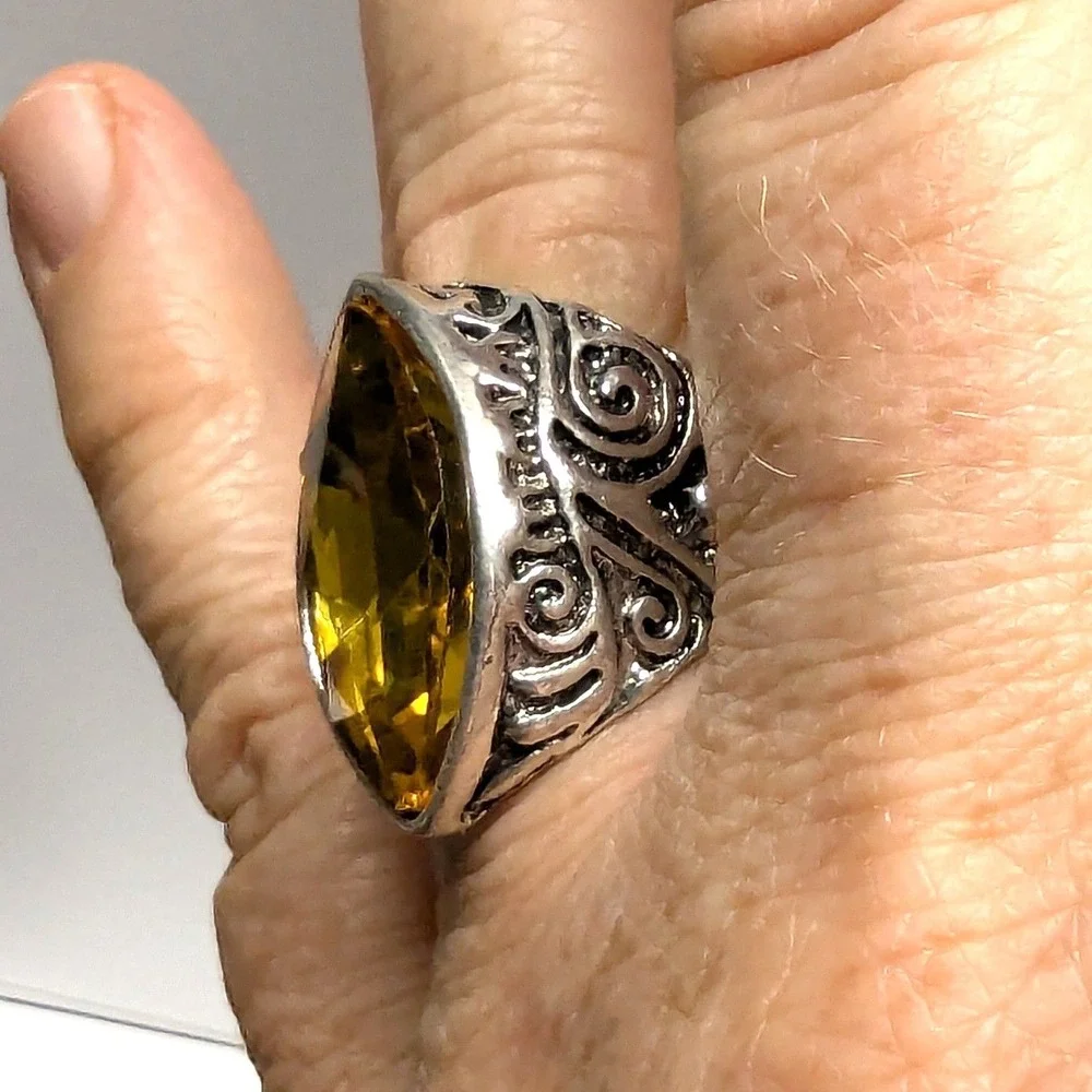 SilverTone Marquise Faceted Yellow Citrine November Statement Ring Plus‎ Size 11